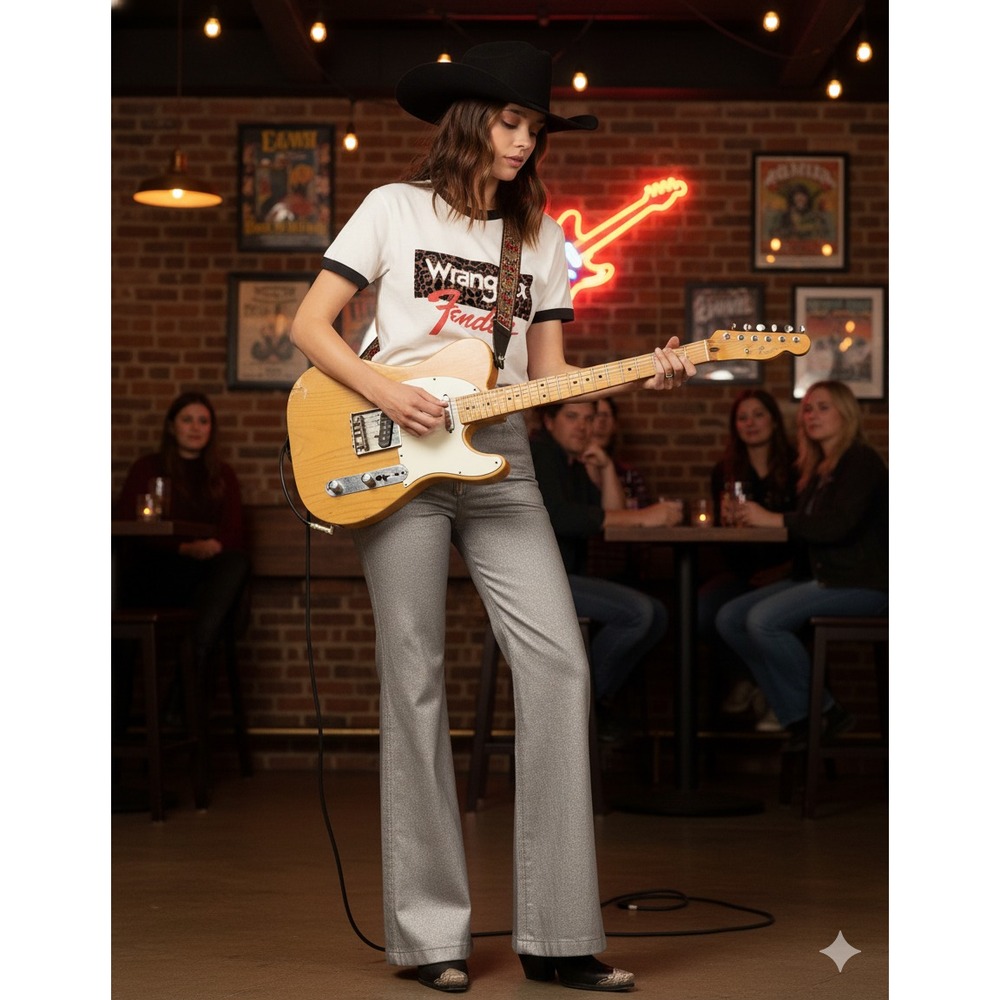 Wrangler X Fender Wanderer Wide Leg  Silver Metallic Jeans 29x34